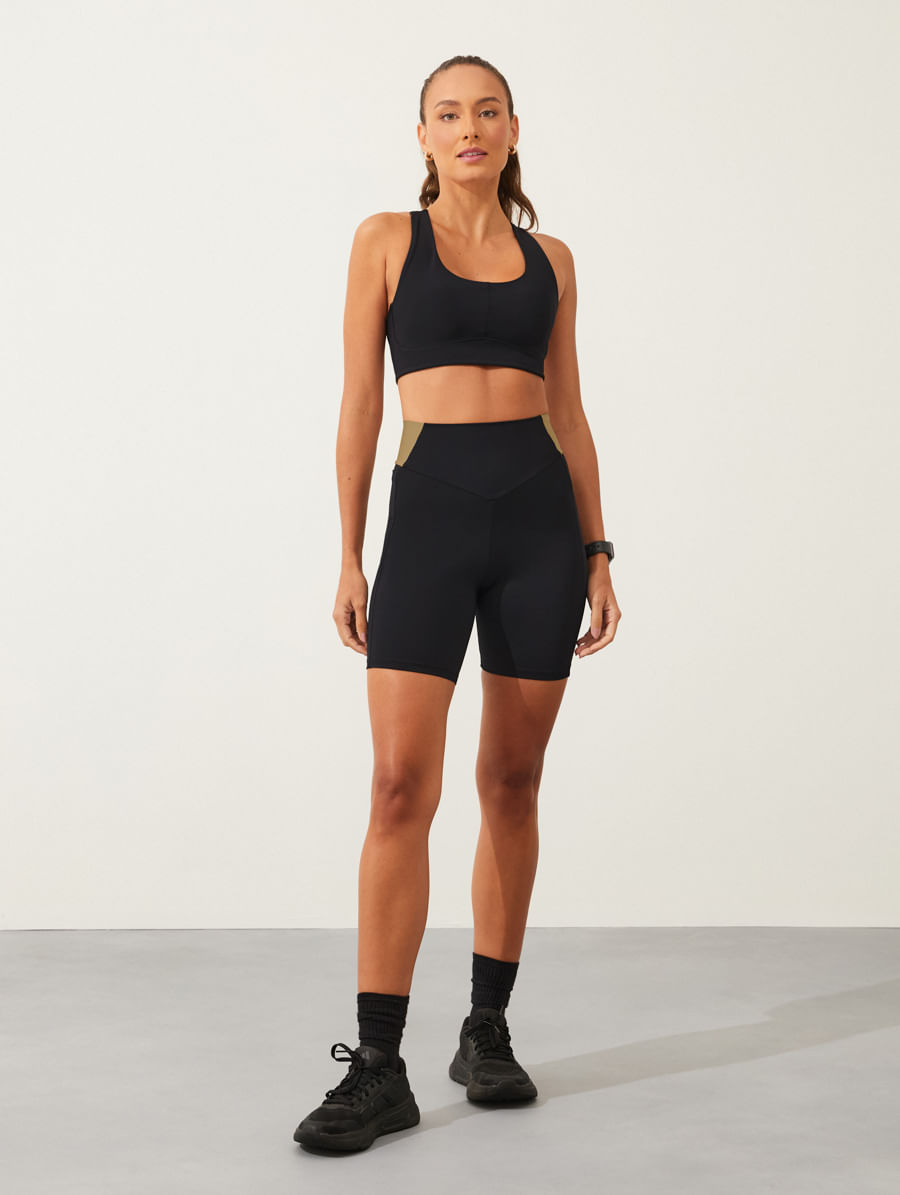 Bermuda Cós Alto Corte A Fio Bicolor Preto/bege Panama